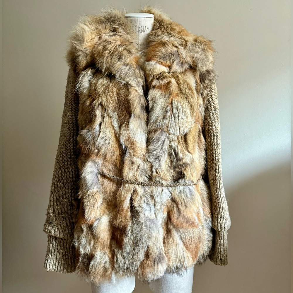 Vintage 70’s OOAK Genuine Coyote Fur Knit Cardigan Sweater Tie Belt STUNNING!